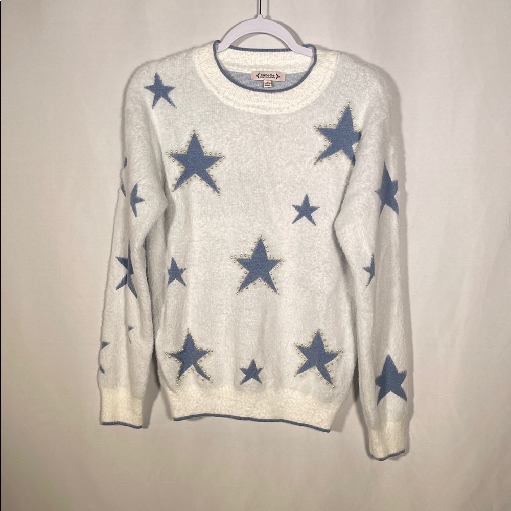 NANETTE LEPORE WOMENS SOFT STAR PEARL EMBELLISHED SWEATER WHITE BLUE MEDIUM